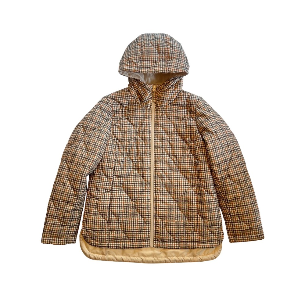 Lands' End Tan Brown Houndstooth Heritage Quilted Hooded Puffer Jacket XS‎ 2-4